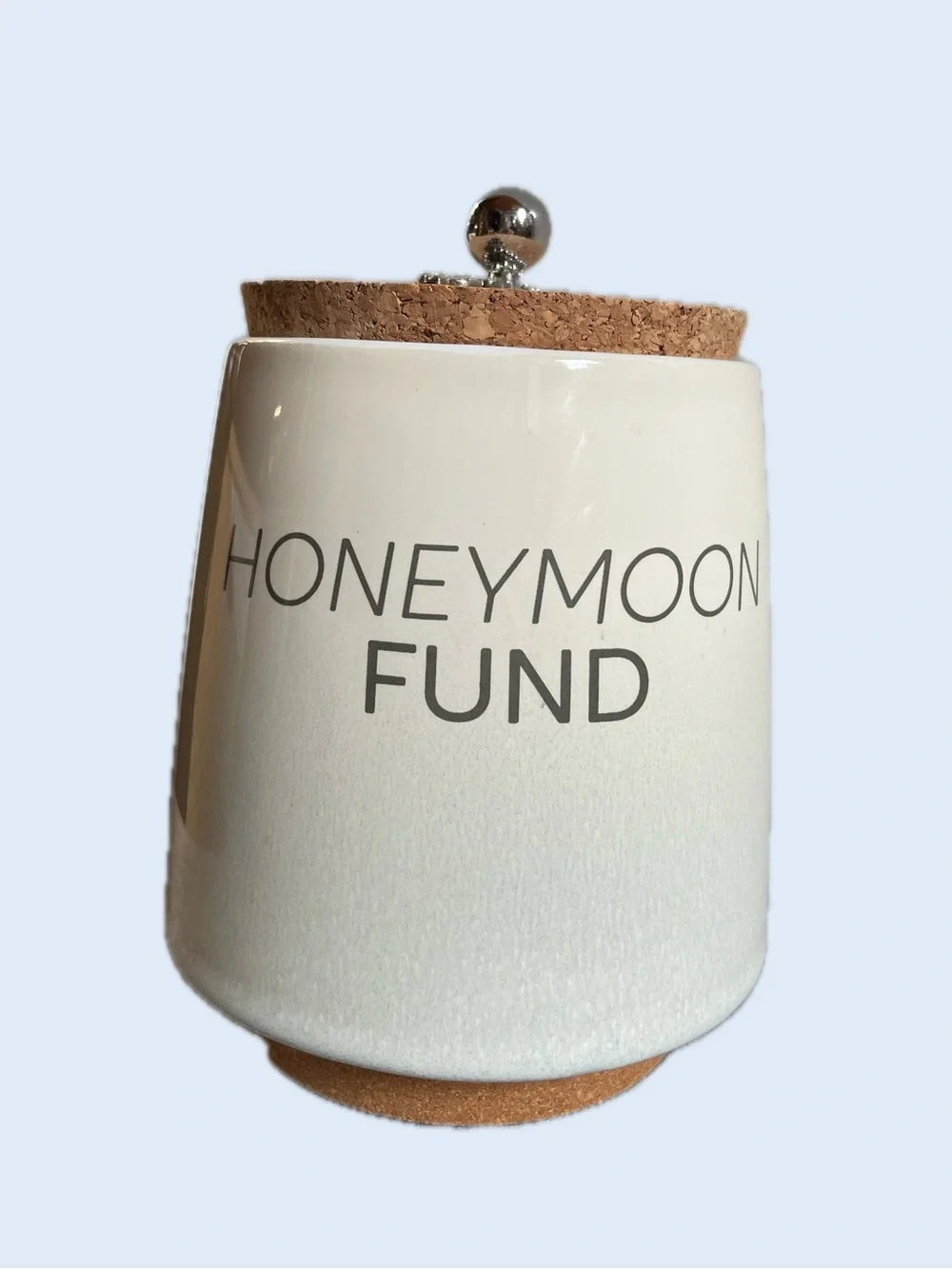 Honeymoon Fund Ceramic Money Jar with Cork Lid & Cute Little Metal Money Design